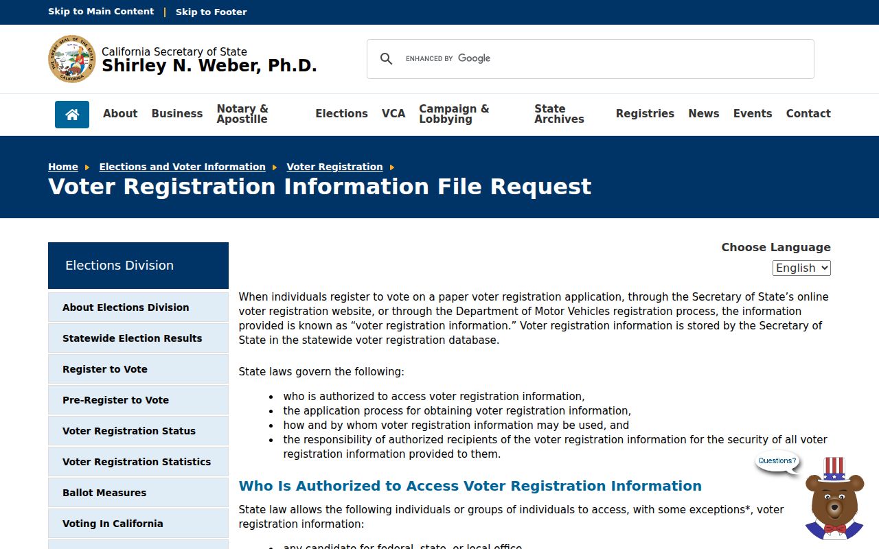 Oakdale voter records file request page from California Secretary of State